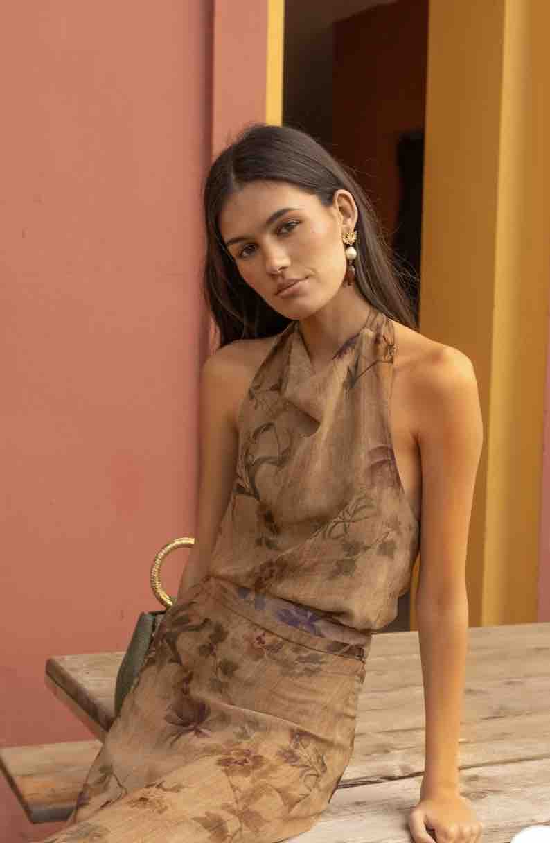Vestido Dafonte Collection marrón y rosa, talla XS, en alquiler — foto 1 de 5