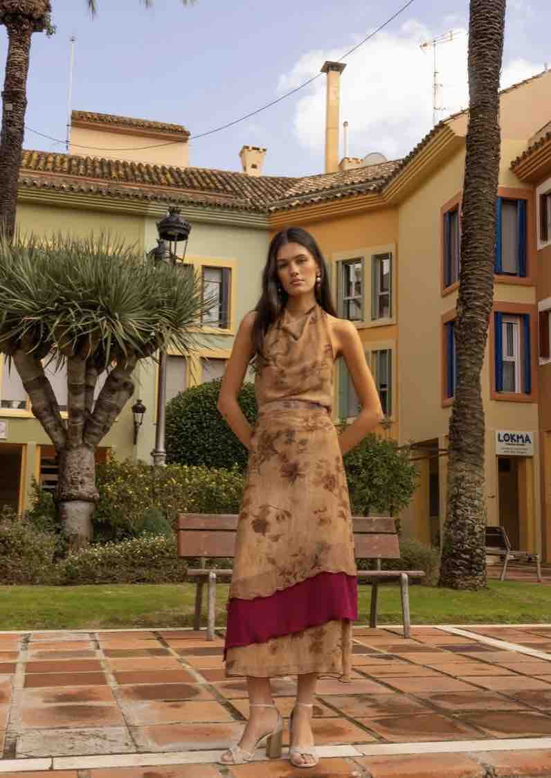 Vestido Dafonte Collection marrón y rosa, talla XS, en alquiler — foto 2 de 5